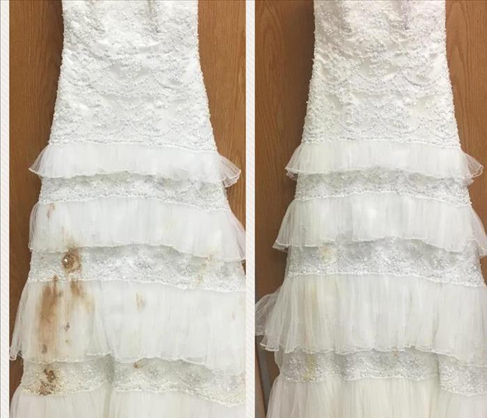 A side by side of the same white wedding dress, one has dirt on it and the other doesnt this is a result of it being cleaned 