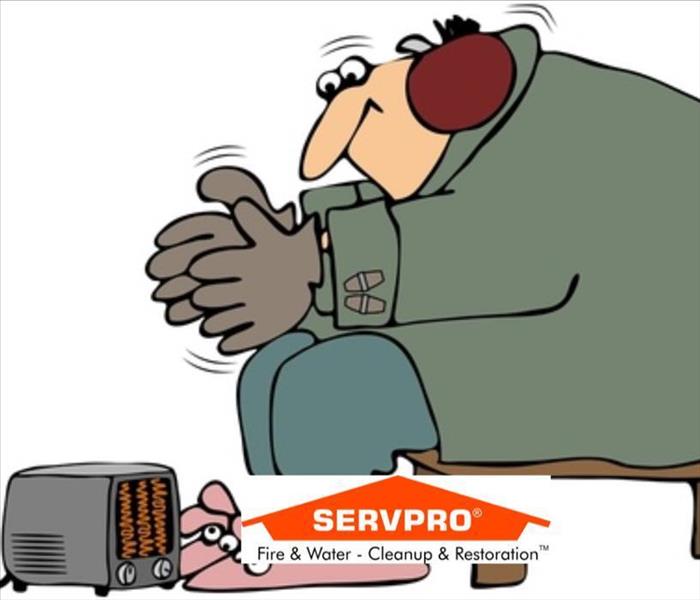 A cartoon of a guy trying to heat up in front of a portable space heater and the SERVPRO logo