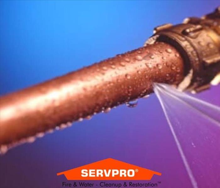 A blue and purple background with a broken pipe with water coming out of it and the SERVPRO logo at the bottom center