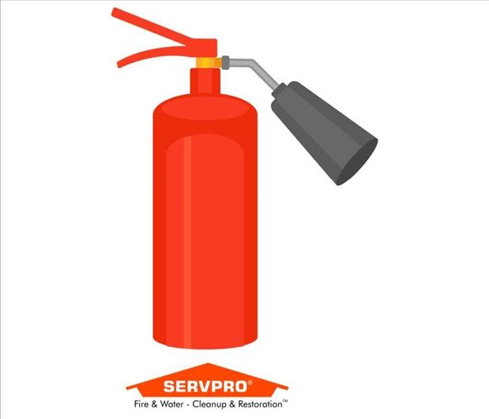 A clipart photo of a red fire extinguisher and the SERVPRO logo at the bottom