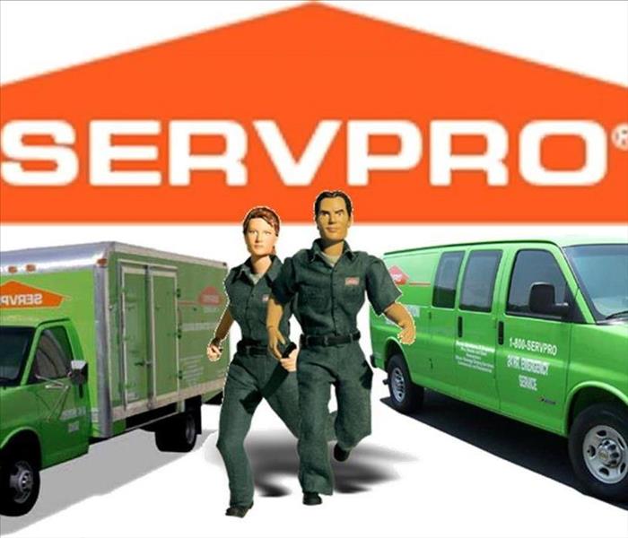The SERVPRO logo with a cartoon woman and man running next to green vans 